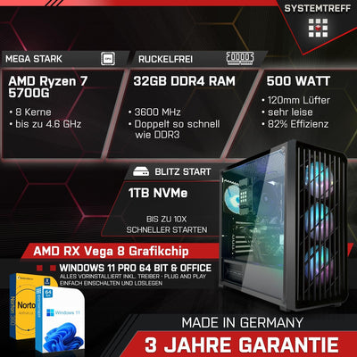 SYSTEMTREFF Basic Gaming Komplett PC Set AMD Ryzen 7 5700G 8x4.6GHz | AMD Radeon RX Vega 8 4K HDMI DX12 | 1TB M.2 NVMe | 32GB DDR4 RAM | WLAN Desktop Paket Computer für Gamer, Gaming
