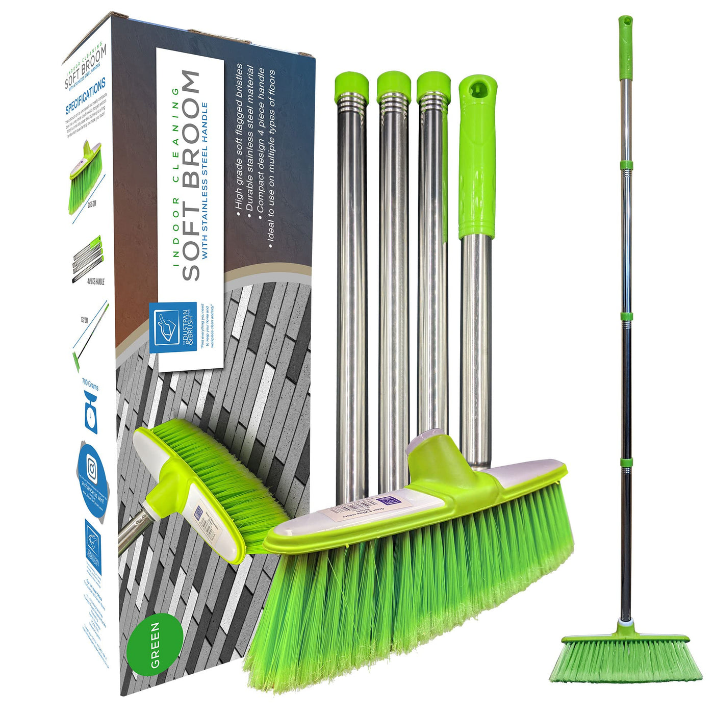 TDBS The Dustpan and Brush Store Weicher Kehrbesen mit Edelstahl-Stiel für den Innenbereich - Der perfekte Besen für den Küchenboden Ihres Hauses - Der Kehrbesen mit langem Stiel (Grün)