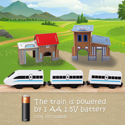 Green series Holzeisenbahn Set für Kinder - Eisenbahn Holz | Spielzeug Zug | Polizeistation, Autobahn und Bahnset mit Brücke, 80 Teilen, 378 cm lang | Holz Eisenbahnen | Holzzug | Modell GS0010