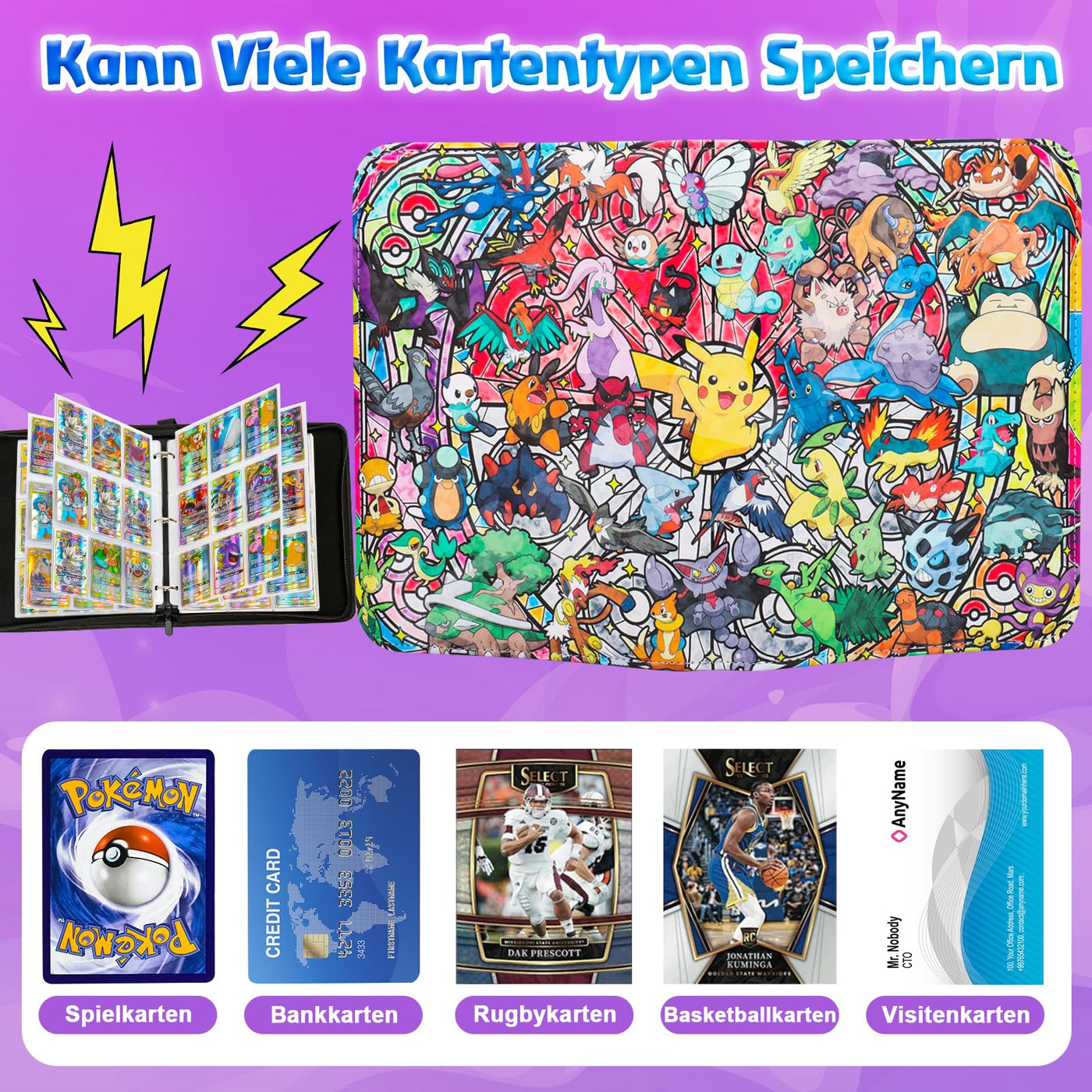 Sammelalbum für Pokemon Karten,900 Taschen Sammelkarten Album 50 Seiten Sammelmappe Karten Heft, Hochwertiges Tragbar Wasserdicht PU Sammelkartenalben Es ist das Geschenk für Kinder,50 Pcs Seite