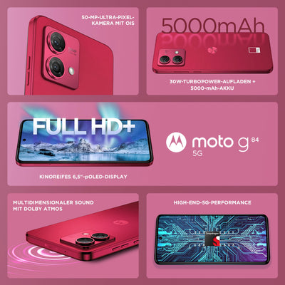 Motorola Moto g84 5G (6,5"-FHD+-Display, 50-MP-Dual-Kamera, 8/256 GB, 5000 mAh, Anroid 13) Marshmallow Blue inkl. Schutzcover + KFZ-Adapter [Exklusiv bei Amazon]