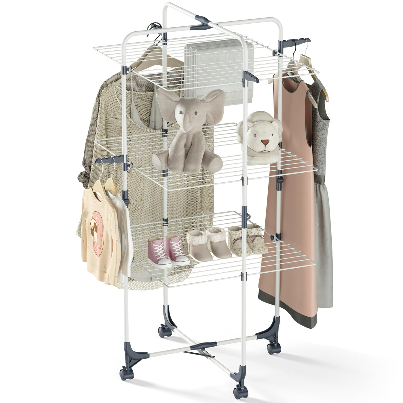 SYKIARIOL Wäscheständer, 3-stufiger zusammenklappbarer Wäscheständer mit Rädern und 4 Haken, für den Innen- und Außenbereich, für Bettwäsche, Kleidung, Socken, Schals Weiß