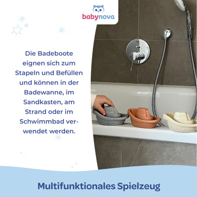 babynova Badeboote – Pädagogisches Baby- und Kleinkindspielzeug – Ab 3 Monaten – 4-teiliges Set – Entwicklung von Motorik und Koordination – Geeignet für Badewanne und Sandkasten – BPA-frei