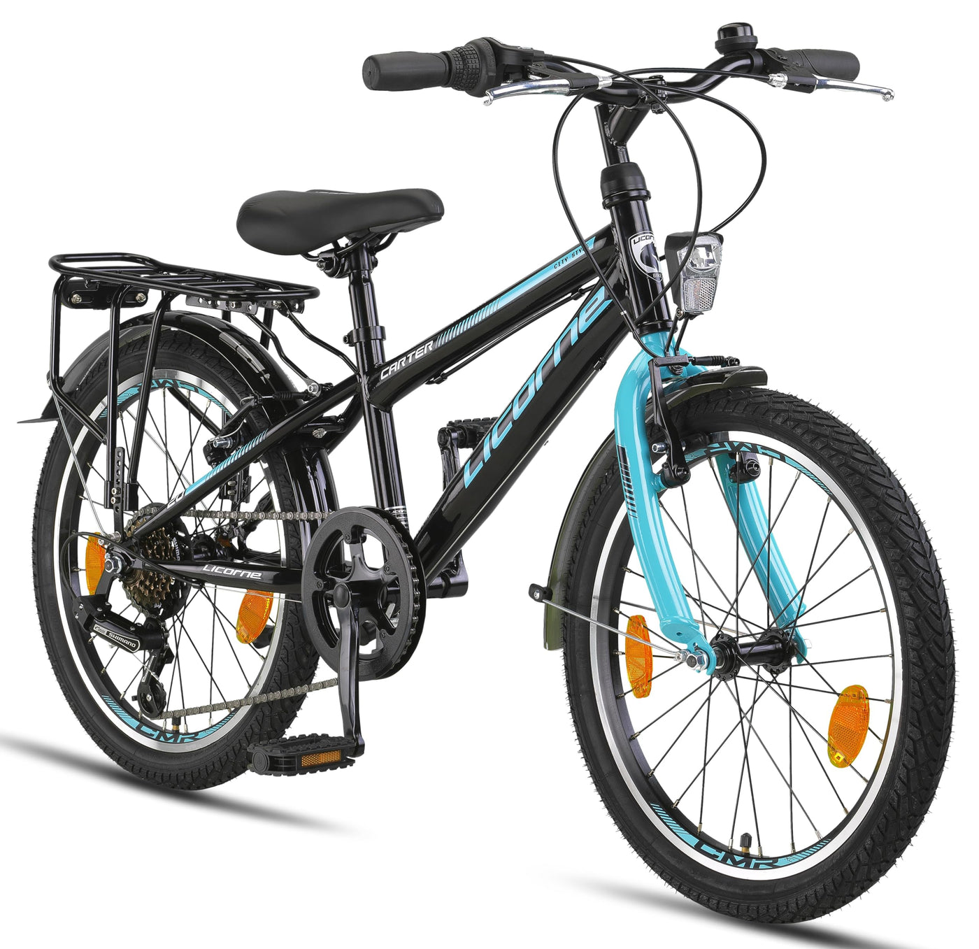 Licorne Bike Carter Premium Mountainbike in 20 Zoll Fahrrad für Kinder Mädchen Jungen 6 Gang Shimano Schaltung (Kinderfahrrad, Schwarz/Blau)