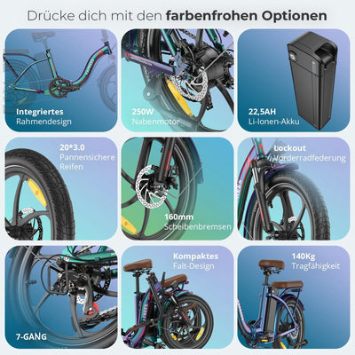 2025 Ebike F20 Pro+ Fatbike Faltrad 20 Zoll mit 36V 22.5AH Akku Damen Ebike Herren 250W, Erwachsene Fatbike Elektromobilrad 140kg, E Mountainbike 20°, Ebike 25km/ (Hecktasche, Buntes Grün)