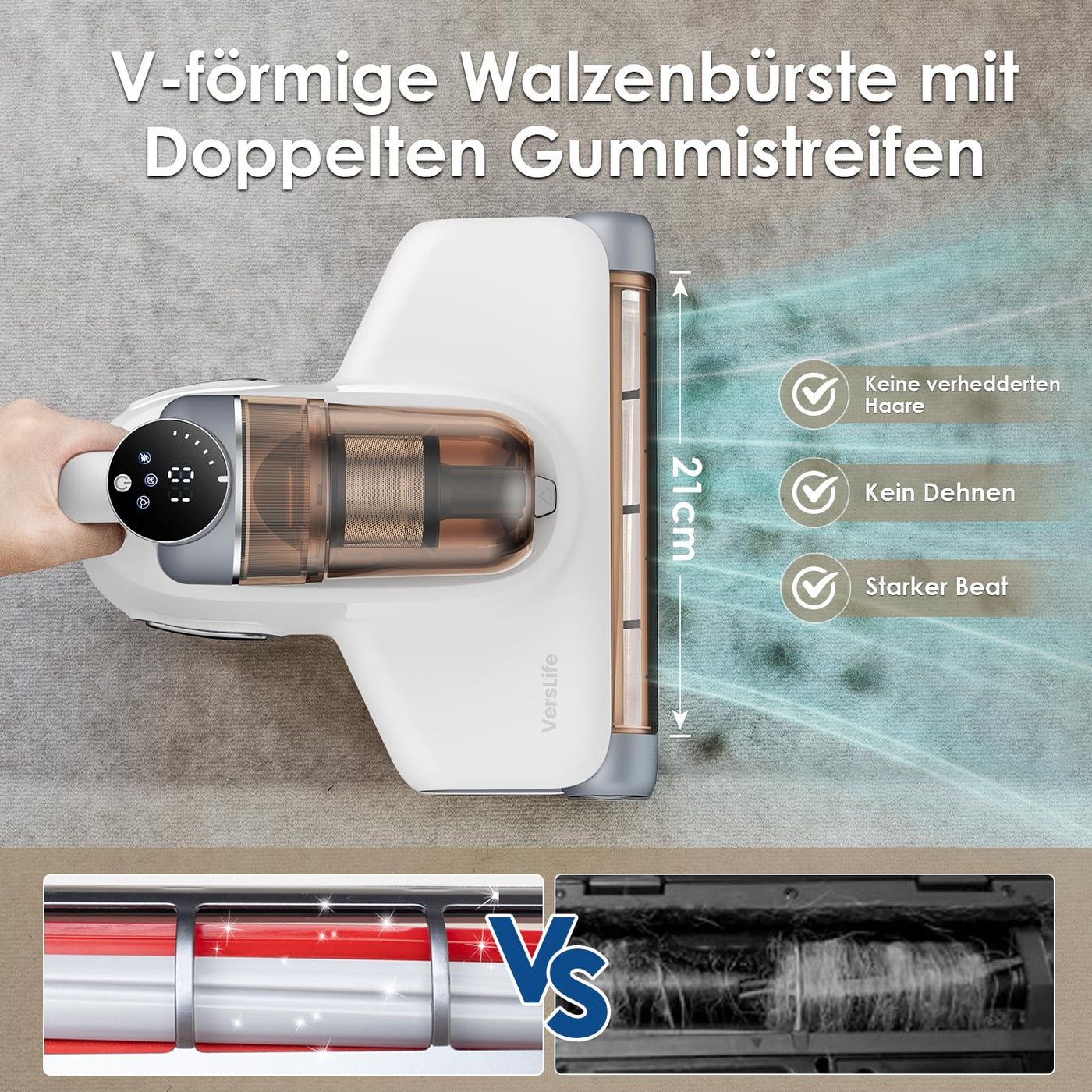 VersLife M6 Kabelloser Milbensauger für Matratzen, 18Kpa Matratzenreiniger mit 253.7nm UV-C Licht & 80000 Vibration, HEPA-Filter Milbenstaubsauger, Handstaubsauger