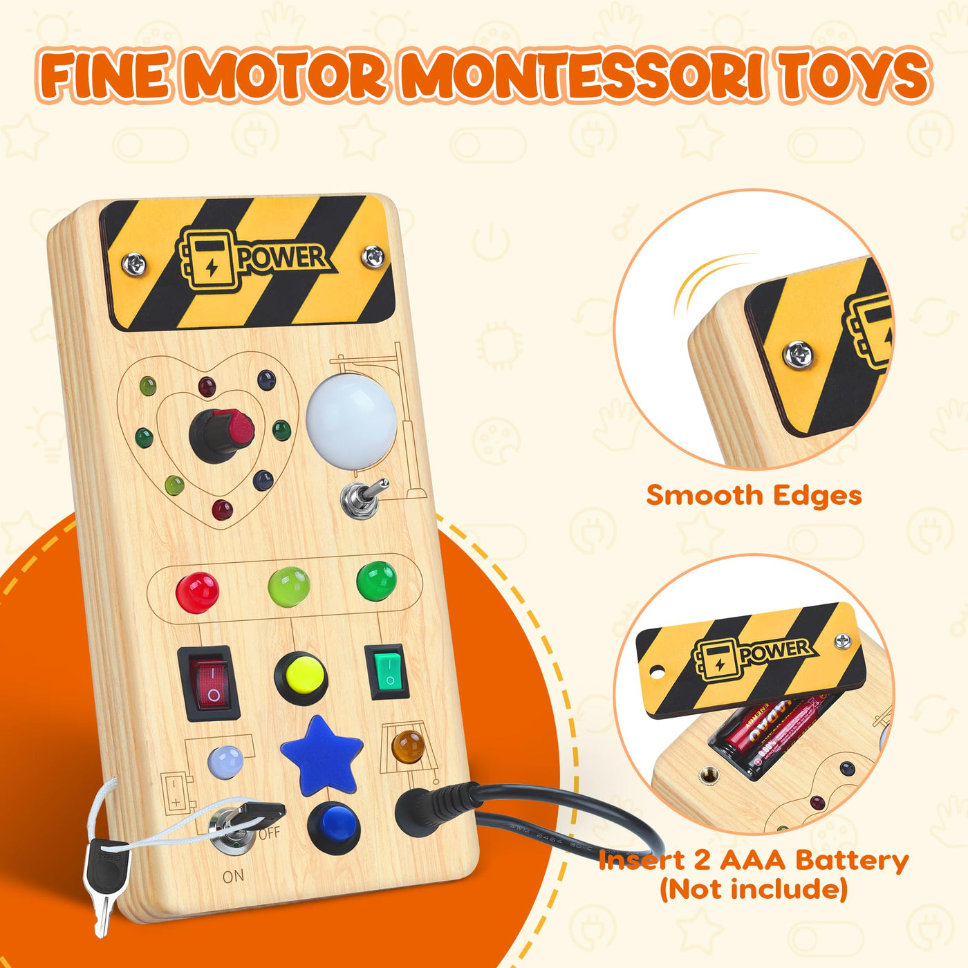 Montessori Busy Board Activity Board ab 1 Jahr Montessori Holzspielzeug mit 8 Schalter 15 LED Lichtschalterspielzeug Sensorisches Lernspielzeug für Kleinkinder Geschenk Jungen und Mädch ab 1 2 3 Jahr