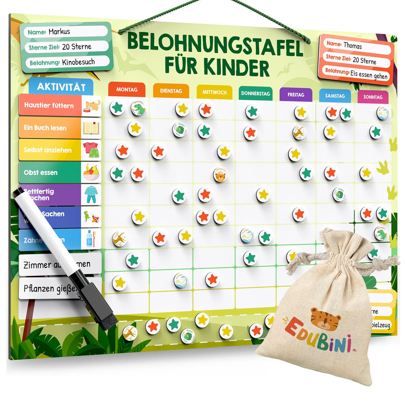Belohnungstafel für Kinder - [100 Aufgaben + 350 Magnete] - Belohnungssystem für Verantwortung - Family Plan, Montessori Magnettafel, Wochenplaner, Adhs Hilfsmittel - inkl. Tasche, Stift (Dinosaurier)