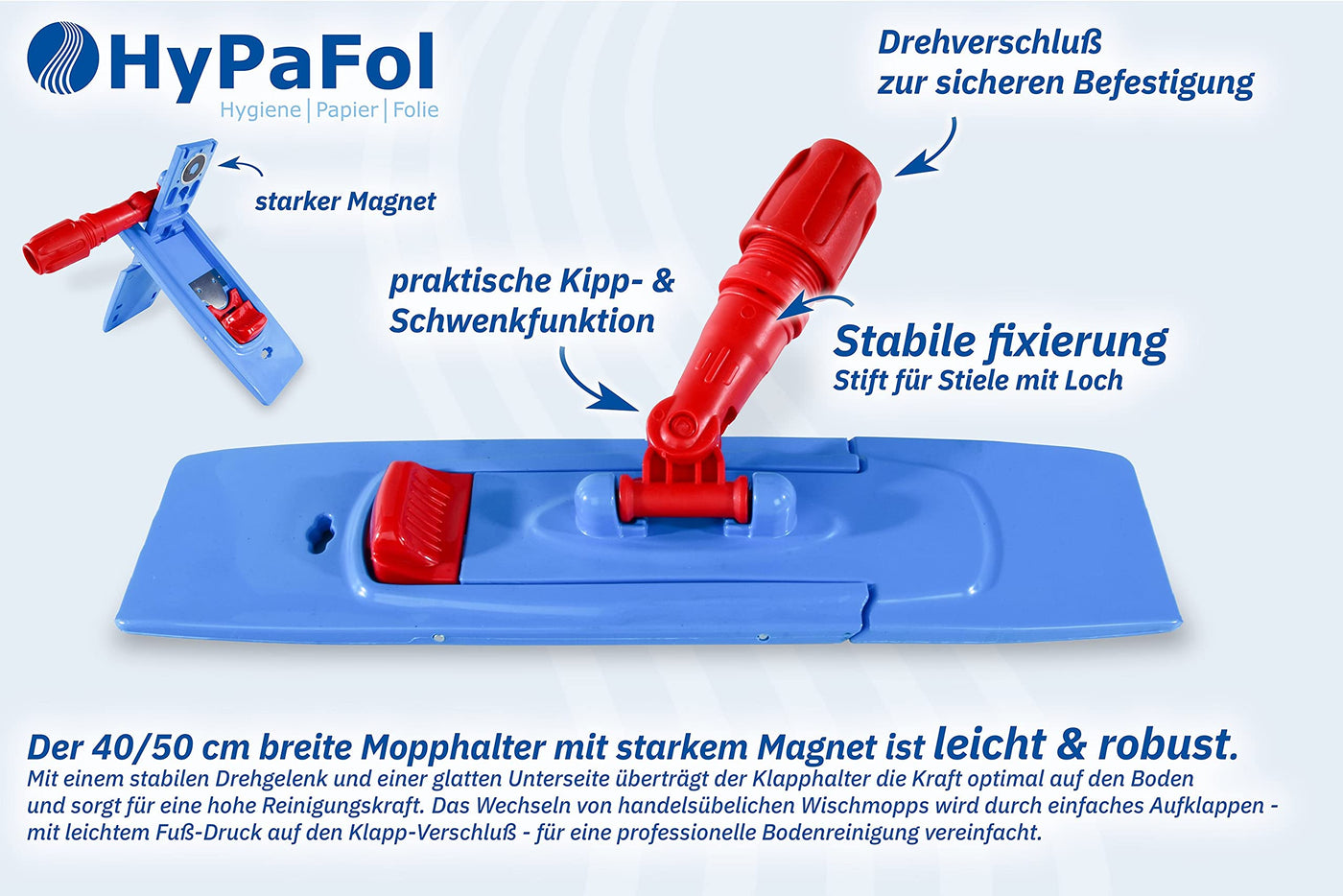 HyPaFol Baumwoll-Wischmopp mit Magnethalterung I 50cm Bodenwischer mit praktischer Verriegelung durch Magnetverschluss I sorgt für sicheren Halt des Klappmechanismus I Profi-Bodenreinigung für Zuhause