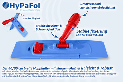 HyPaFol Baumwoll-Wischmopp mit Magnethalterung I 50cm Bodenwischer mit praktischer Verriegelung durch Magnetverschluss I sorgt für sicheren Halt des Klappmechanismus I Profi-Bodenreinigung für Zuhause