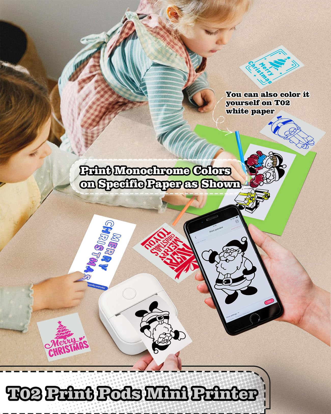Memoking Tragbarer Mini Aufkleberdrucker - T02 Taschendrucker Bluetooth Fotodrucker, Lerngrafiken für Kinder, Gymnasiasten, Universitätsstudent, Mini Drucker mit 3 Rollen Thermopapier Selbstklebend