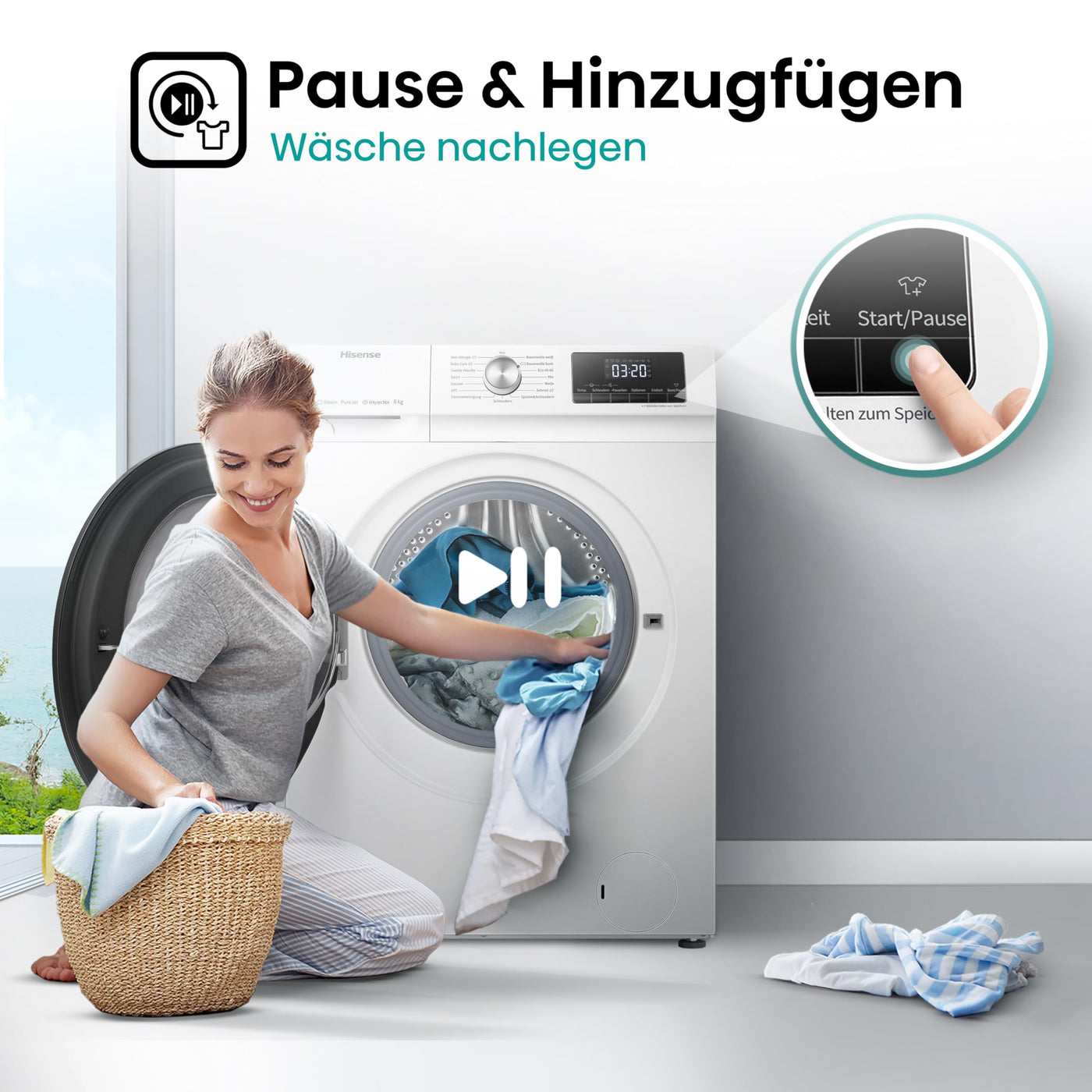 Hisense WFQA8014EVJM Waschmaschine mit Dampffunktion/ 8 kg/AquaStop/ 1400 U/min /15 Programme/Inverter PowerDrive Motor/Edelstahltrommel/Kindersicherung/Trommelreinigung/Weiß
