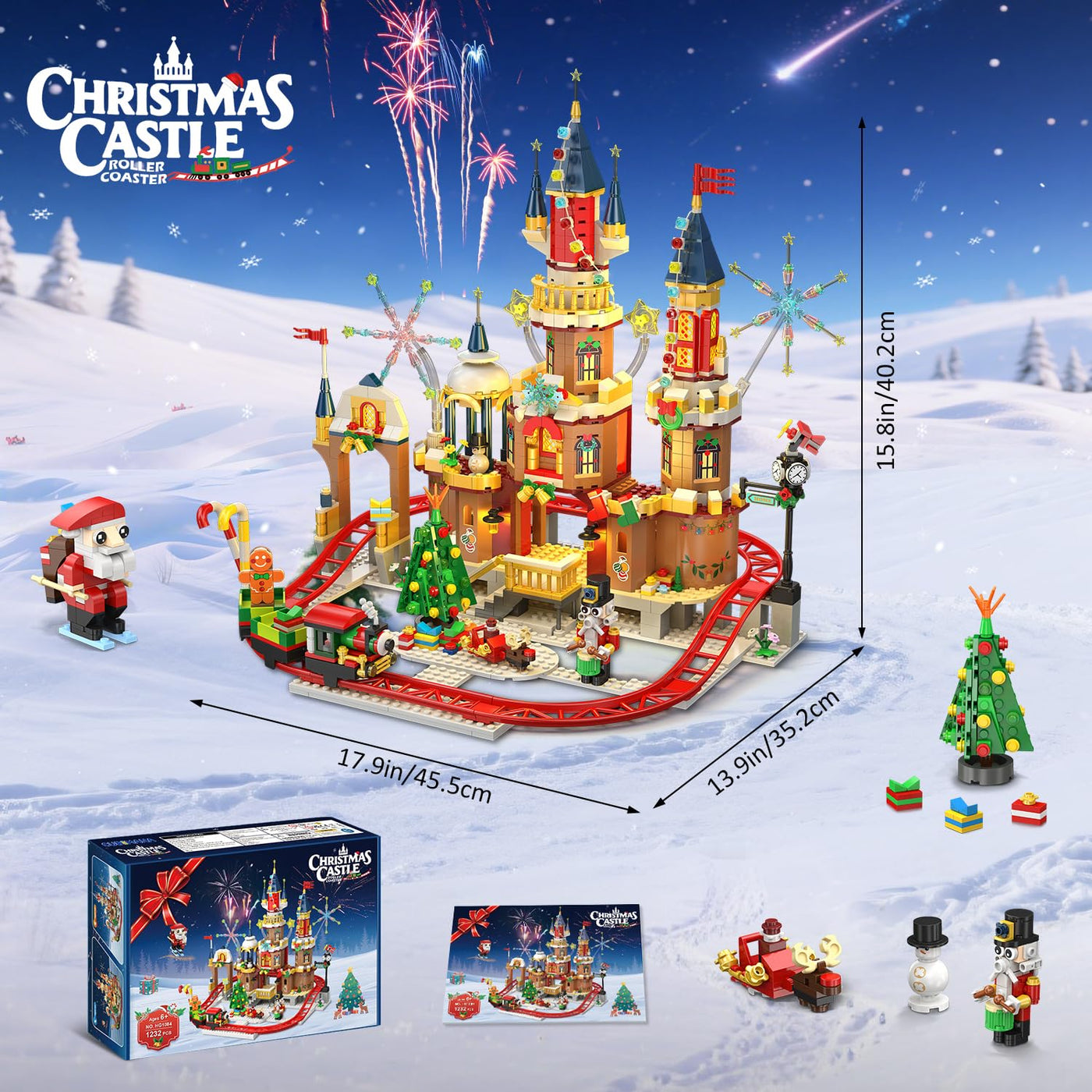 CUBIMANA Weihnachtsschloss-Achterbahn-Bausatz mit Lichtern – 2025 Schlossdorf-Achterbahn-Bausteine Haus Weihnachtsbaum Zug Weihnachtsmann-Spielset Geschenk Erwachsene Kinder Jungen Mädchen(1232Teile)