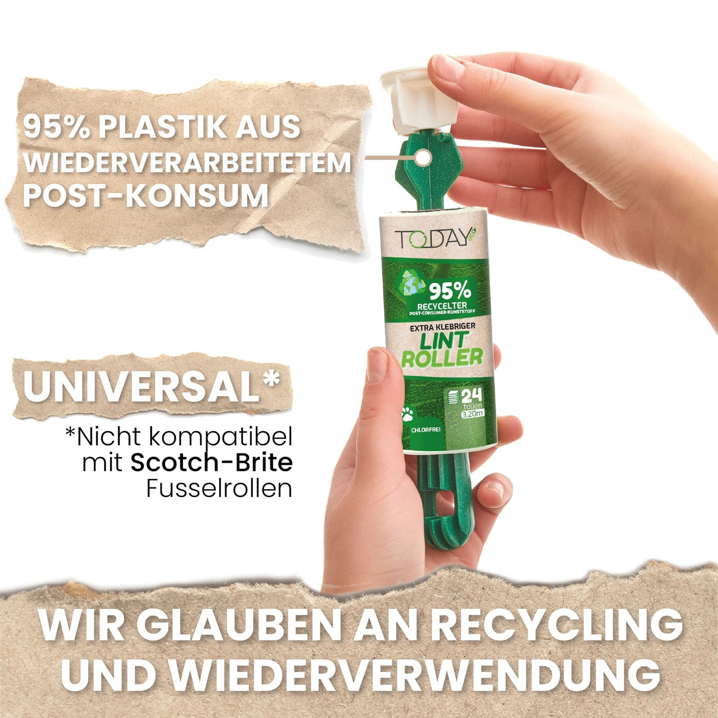 Today Eco - Fusselrolle 16 Rollen + Deckel + 2 Abroller 95% recyceltes Material - Fusselrolle Tierhaare Easy-Peel - Geeignet für Haare, Staub, Kleidung, Tierhare