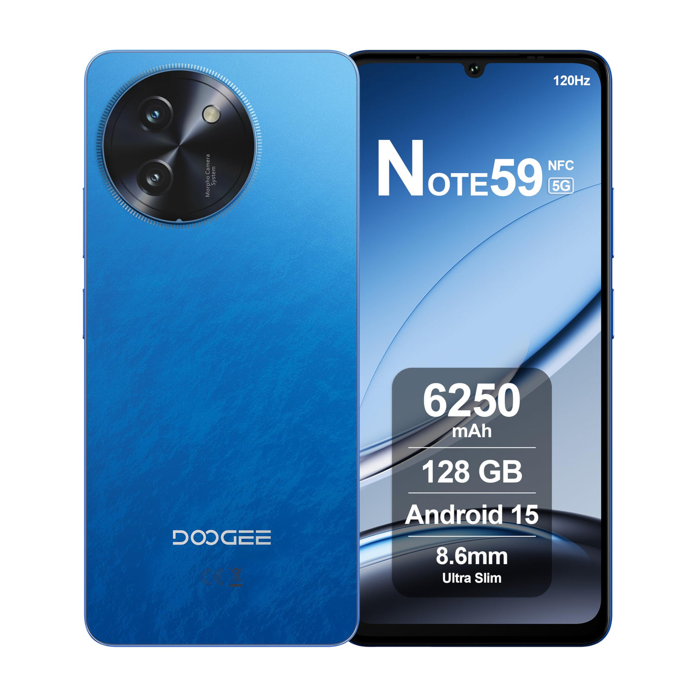 DOOGEE Note59 Smartphone 5G Android 15, 32GB RAM + 128GB ROM, 6250mAh Akku, Display 6.75 Zoll HD+ 120Hz, AI Kamera 16MP, Octa-Core, Dual SIM, NFC, Handy Ohne Vertrag, 2025, Blau