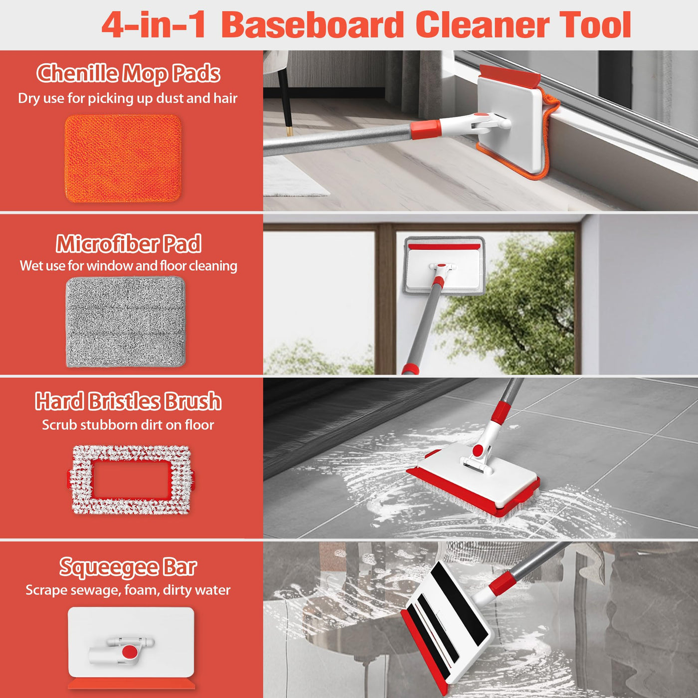 JEHONN Wischmopp Fliesenreiniger Gerät mit Langem Griff 142 cm, Wand und Fußleisten Reiniger, 4-in-1 Fliesen Reinigungsgerät mit 1 Bürste, 2 Chenille, 2 Mikrofaserpads für Fußbodenleiste
