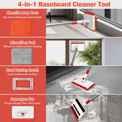 JEHONN Wischmopp Fliesenreiniger Gerät mit Langem Griff 142 cm, Wand und Fußleisten Reiniger, 4-in-1 Fliesen Reinigungsgerät mit 1 Bürste, 2 Chenille, 2 Mikrofaserpads für Fußbodenleiste
