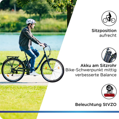 ZÜNDAPP Z505 City E-Bike Damen 26 Zoll | Citybike mit 6 Gang Schaltung Pedelec | für 150-185 cm | Bike mit StVZO Beleuchtung und Gepäckträger (schwarz, 43 cm)