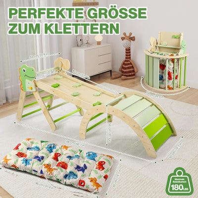 7-in-1 Montessori Kletterdreieck Set mit Rutsche, Kletterbogen & weichem Kissen – Holz Klettergerüst für Babys & Kleinkinder ab 1–3 Jahre, Indoor Spielgerät, faltbar & sicher (Dinosaur)