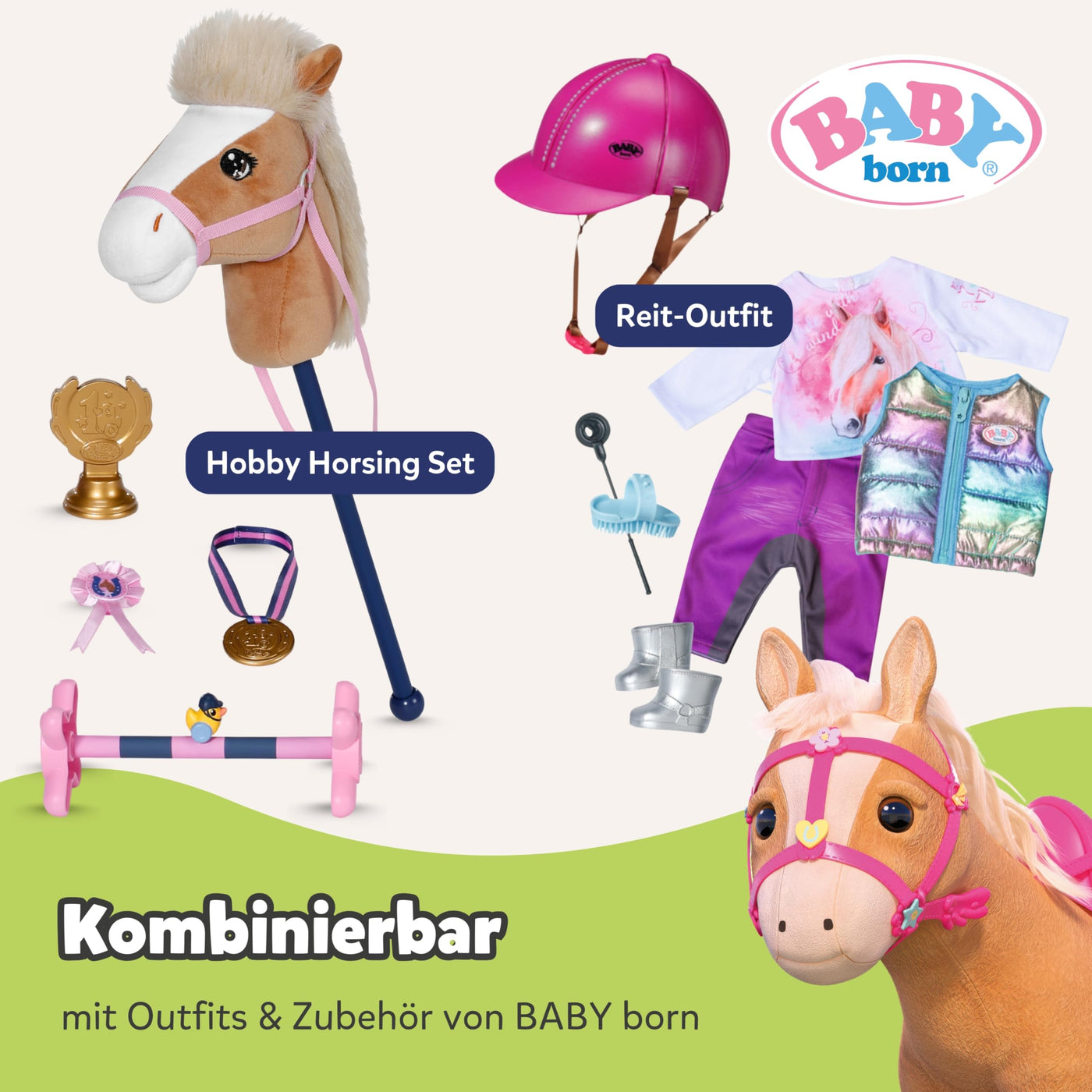BABY born, Puppenpferd, BABY born My Cute Horse, interaktives Pferd mit Lauf- und Soundfunktion, Plüsch, rosa Sattel und Zaumzeug sowie Pins zum Dekorieren, 840627 Zapf Creation