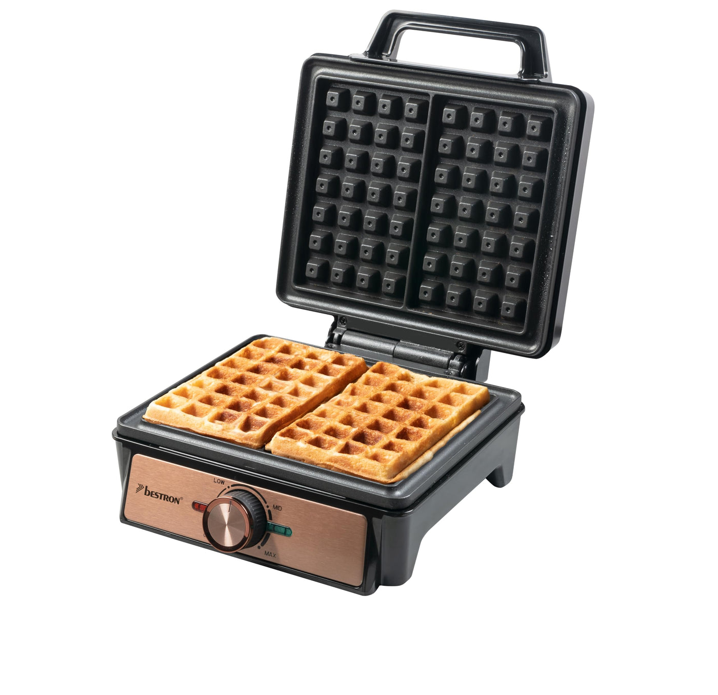 Bestron Waffeleisen für belgische Waffeln, Brüsseler Waffeleisen für zwei dicke Waffeln, mit Antihaftbeschichtung & Cool Touch Handgriff, Copper Collection, Farbe: Kupfer