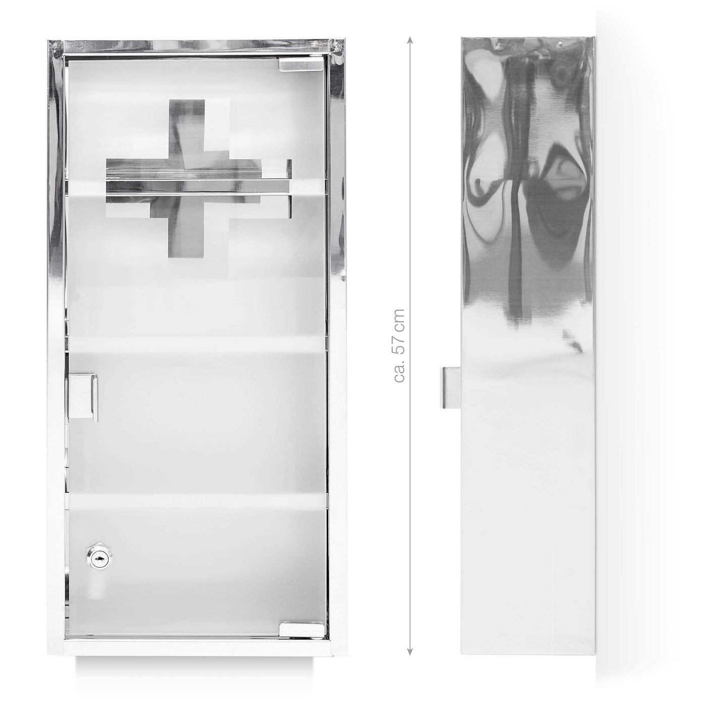 Relaxdays Medizinschrank groß H x B x T: 57 x 27 x 12 cm Apothekerschrank mit 4 Ablagen Arzneischrank Medikamentenschrank für Erste Hilfe aus glänzendem Metall mit Milchglas Tür abschließbar, silber