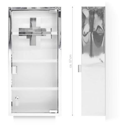Relaxdays Medizinschrank groß H x B x T: 57 x 27 x 12 cm Apothekerschrank mit 4 Ablagen Arzneischrank Medikamentenschrank für Erste Hilfe aus glänzendem Metall mit Milchglas Tür abschließbar, silber