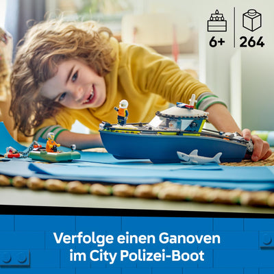 LEGO City Verfolgungsjagd im Polizeiboot – Spielset mit schwimmfähigem Schnellboot, Schlauchboot des Ganoven, 3 Mini-Figuren und Einer Haifigur – Geschenk für Jungen und Mädchen ab 6 Jahren – 60456