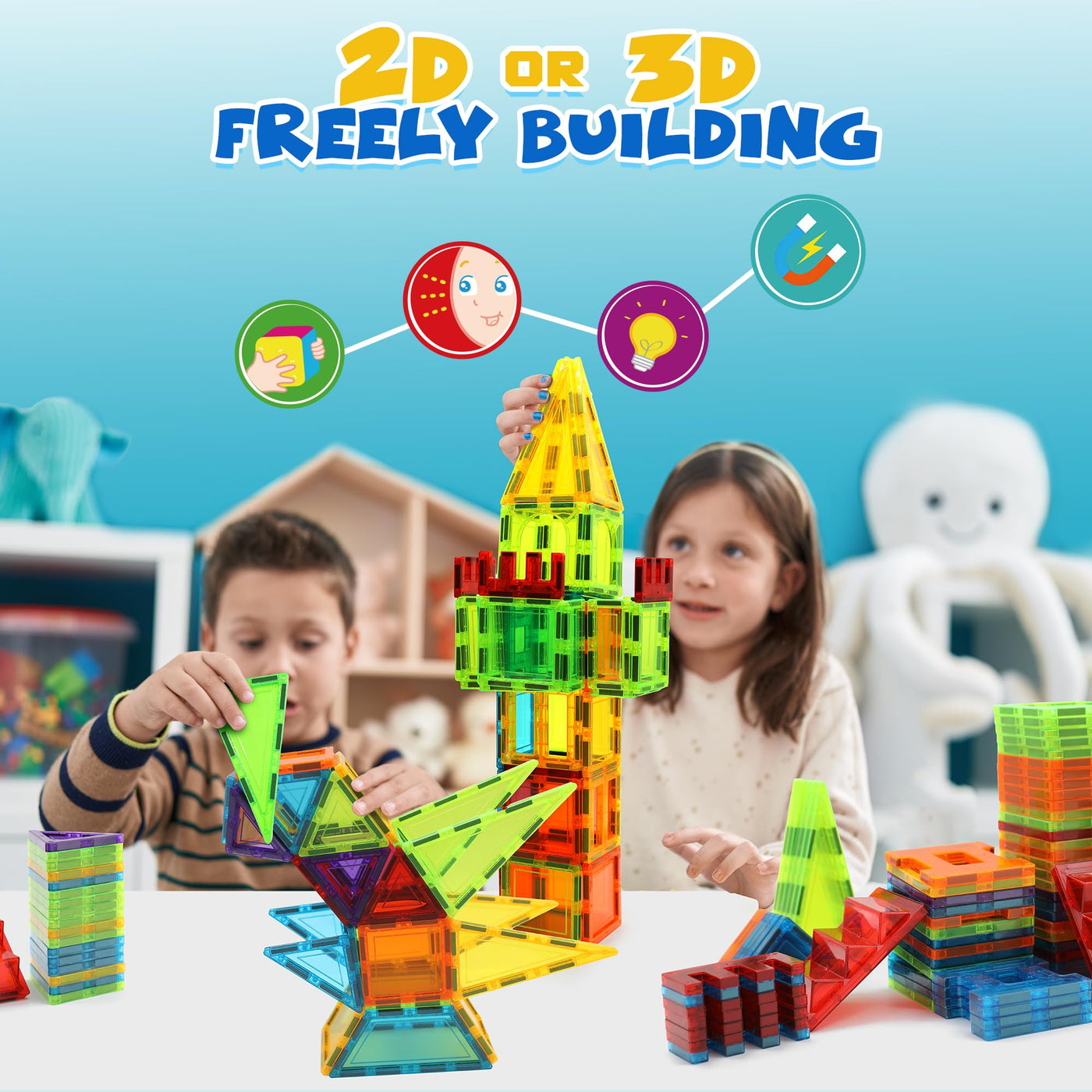 W WISE BLOCK Magnetische Bauklötze Spielzeug 131 Stück mit 2 Autos, STEM Magnetische Bausteinspielzeug für Kleinkinder Kinder Junge Mädch 3 4 5 6 7 8 Jahre