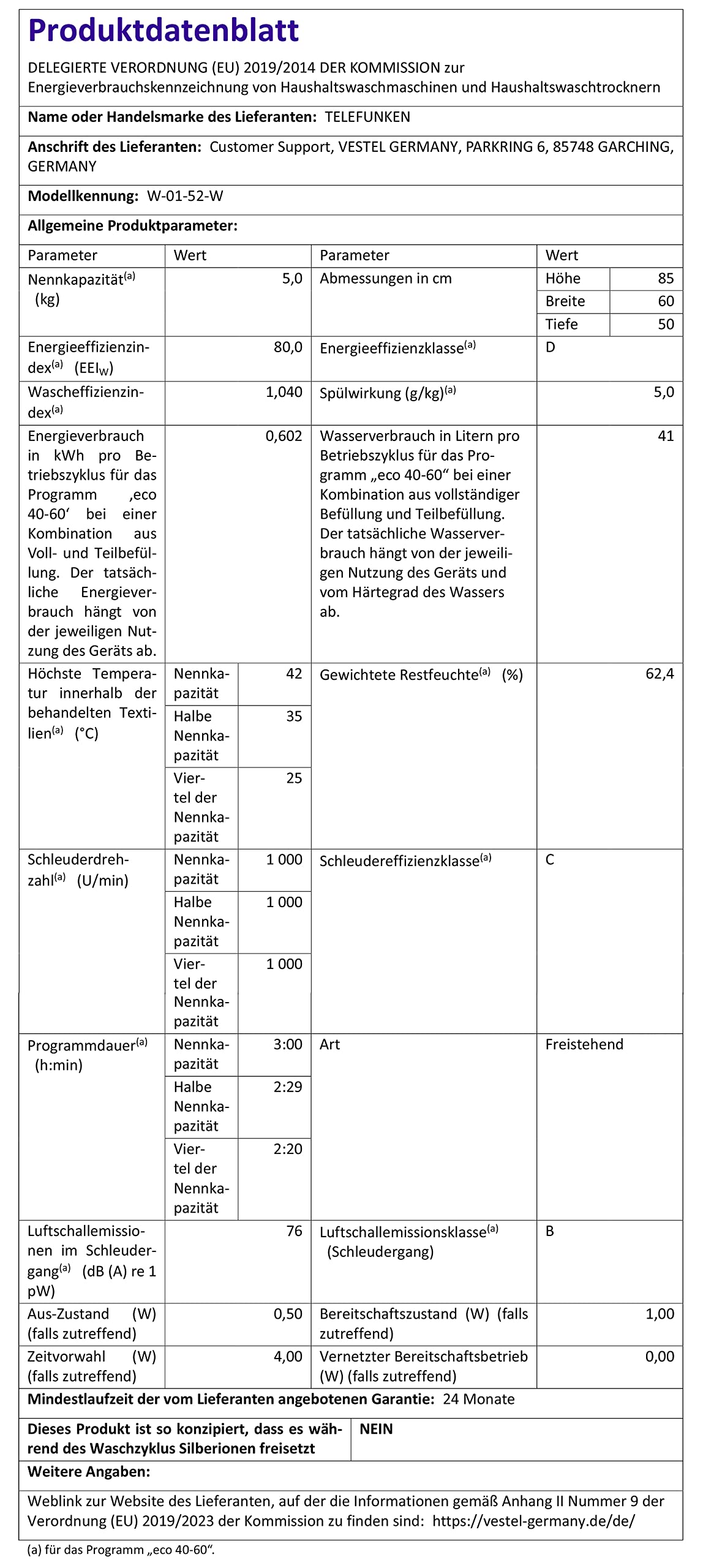 Telefunken W-01-52-W Waschmaschine (5 kg / 1000 U/Min) mit Mengenautomatik und Überlaufschutz / 15 Programme/Startzeitvorwahl/weiß