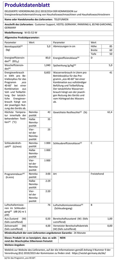 Telefunken W-01-52-W Waschmaschine (5 kg / 1000 U/Min) mit Mengenautomatik und Überlaufschutz / 15 Programme/Startzeitvorwahl/weiß
