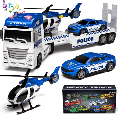 Tacobear Polizei Lastwagen Spielzeug Geschenke ab 2 3 4 5 Junge groß LKW Spielzeug & Hubschrauber Polizeiauto Abnehmbar Anhänger, Reibungsbetrieb Autotransporter Spielzeug Geschenkideen Kinder Jungen