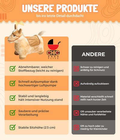 Bayer Chic 2000® Aufblasbares Hüpftier – Braunes Pferd –Mit weichem abnehmbarem Bezug & Luftpumpe – Perfekt für Mädchen & Jungen – Ab 18 Monaten, Braun