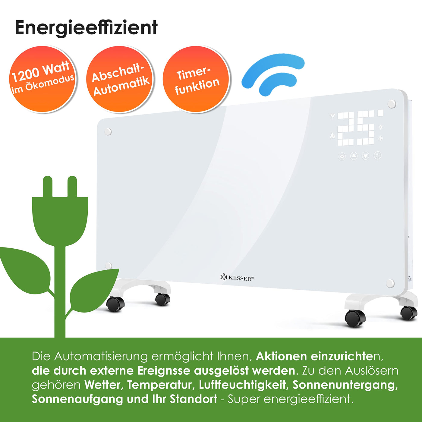 KESSER® Glaskonvektor Glasheizung Elektroheizkörper APP WiFi Funktion Inkl. Fernbedienung Elektroheizung Stand- oder Wand Heizung Heizkörper | Touchscreen | LCD-Display | Timer | 2500 Watt | Weiß