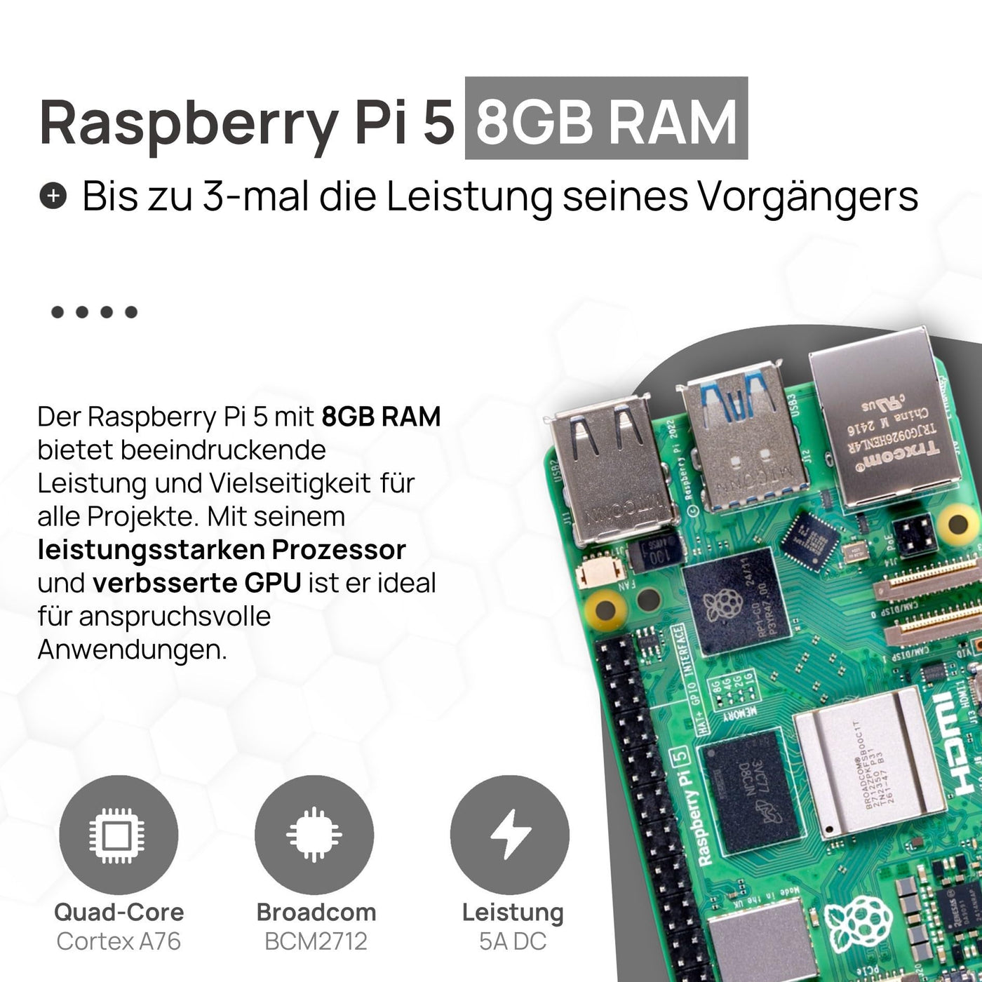 Raspberry Pi 5 8GB PCIe M.2 NVMe - Set | Metallgehäuse | Active Cooler | M.2 NVMe SSD PCIe Board | Offizielles USB-C 27W Netzteil | 64GB SD Karte | 4K Micro HDMI