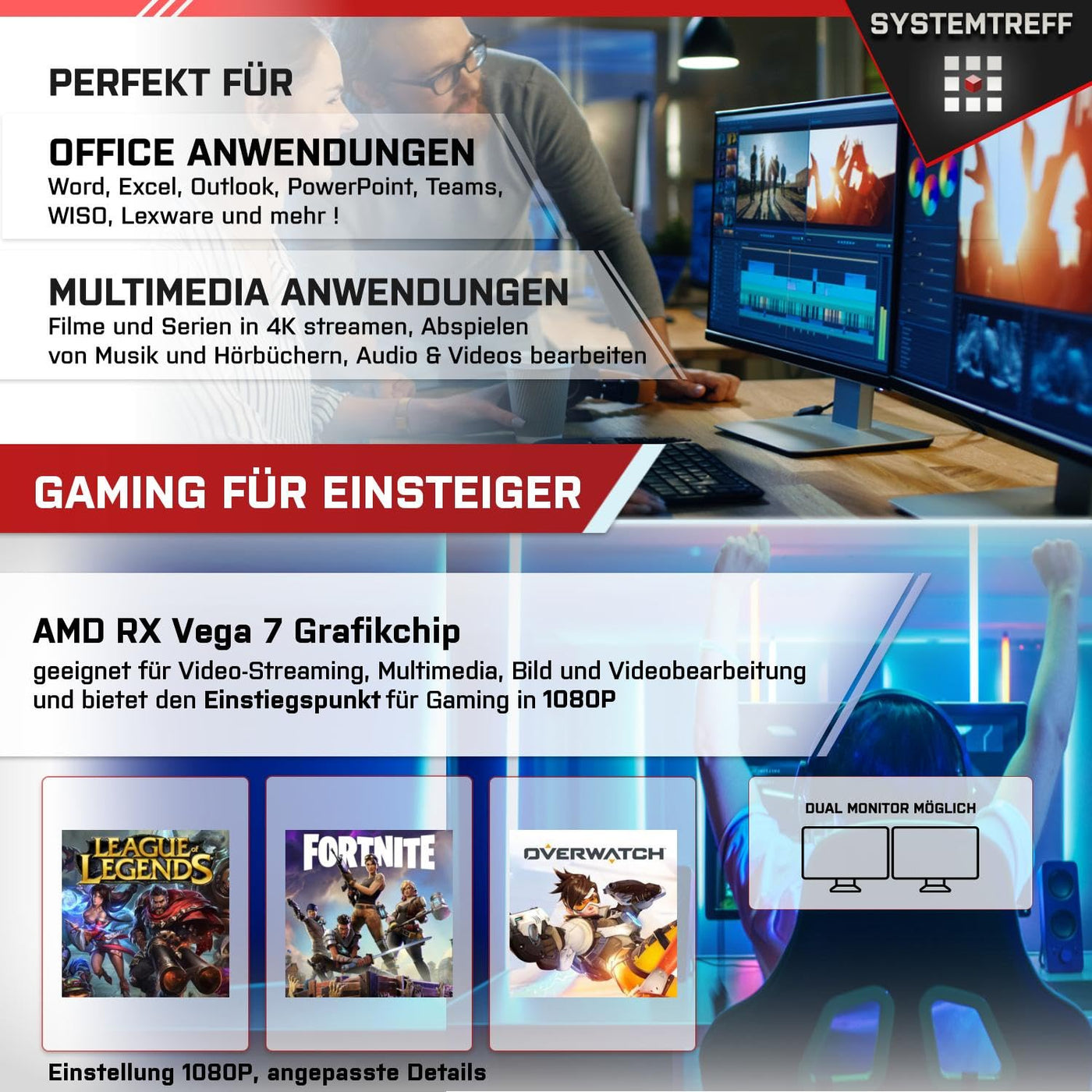 SYSTEMTREFF Basic Gaming Komplett PC Set AMD Ryzen 5 5500GT 6x4.4GHz | AMD RX Vega 7 4K HDMI DX12 | 512GB M.2 NVMe + 1TB HDD | 16GB DDR4 RAM | WLAN Desktop Paket Computer für Gamer, Gaming