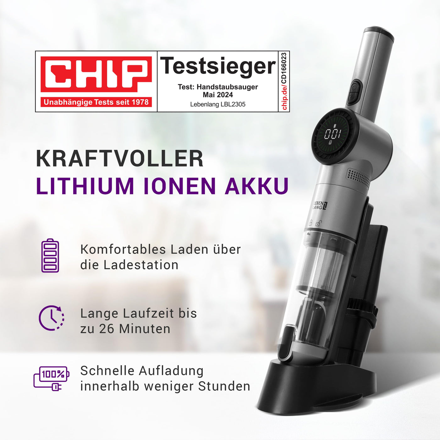 LEBENLANG Kabelloser Handstaubsauger Akku 17000PA I TESTSIEGER I Inkl. Starker LI-Akku & Standhalterung mit Ladefunktion I Auto Staubsauger Handsauger beutellos Tierhaare Hand Handheld Vacuum Cleaner