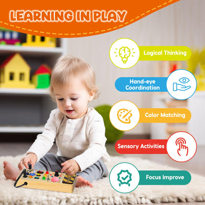 Montessori Busy Board Activity Board ab 1 Jahr Montessori Holzspielzeug mit 8 Schalter 15 LED Lichtschalterspielzeug Sensorisches Lernspielzeug für Kleinkinder Geschenk Jungen und Mädch ab 1 2 3 Jahr
