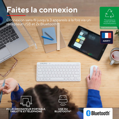 Trust Lyra Pack Clavier et Souris sans Fil Bluetooth, AZERTY Français - Blanc