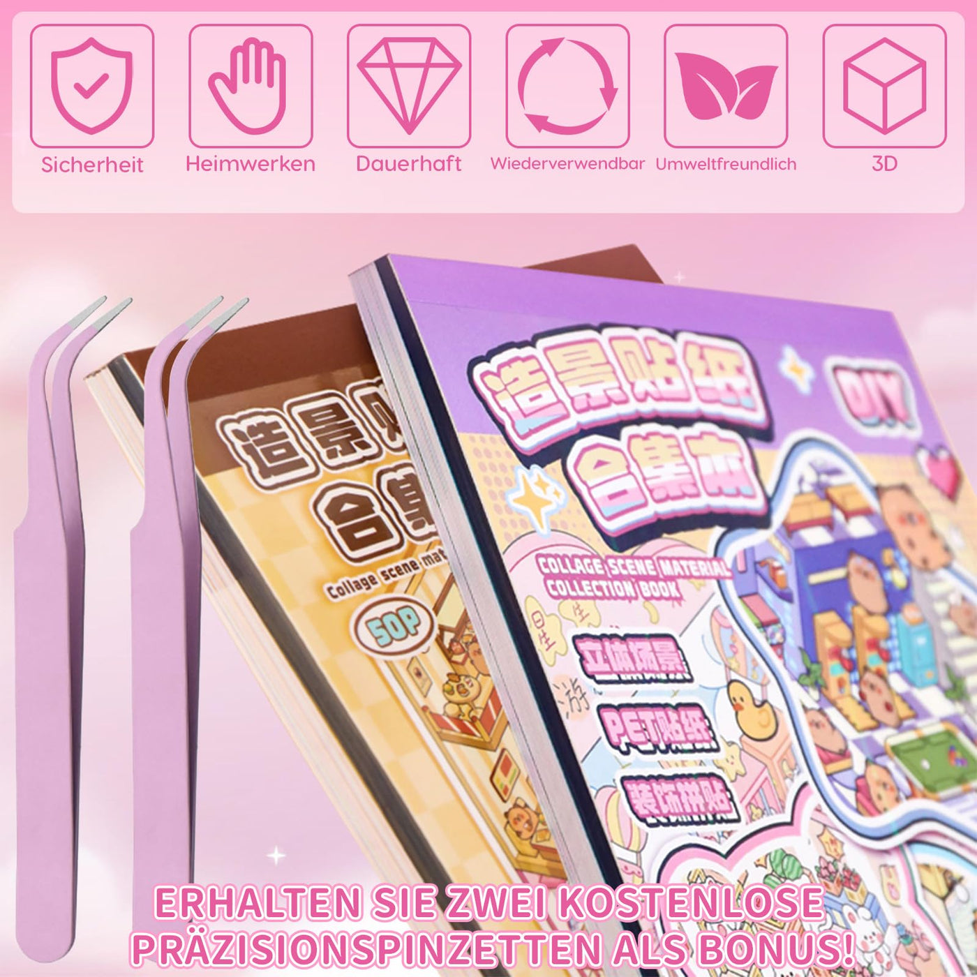 40 Stück 3D House Stickers Scene Set, Stickerbuch Wiederverwendbar, Sticker Therapy, DIY-Aufkleber für Basteln, with 56 PET Sticker, 40 Mminiatur Haus, 2 Pinzette, Relief Stress für Erwachsene Kinder