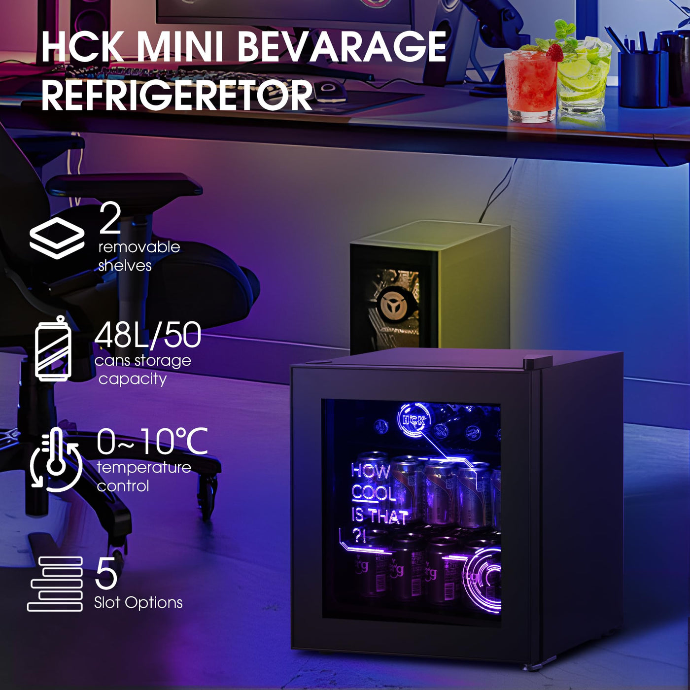 HCK 48L Mini Kühlschrank mit Glastür Leise 39dB, Cyberpunk Getränkekühlschrank mit Fernsteuerbaren RGB LED Lichtern, Flaschenkühlschrank, Mini Fridge 0-15°C für Gaming Deko, Minibar, Schwarz