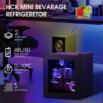 HCK 48L Mini Kühlschrank mit Glastür Leise 39dB, Cyberpunk Getränkekühlschrank mit Fernsteuerbaren RGB LED Lichtern, Flaschenkühlschrank, Mini Fridge 0-15°C für Gaming Deko, Minibar, Schwarz
