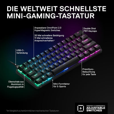 SteelSeries Apex Pro Mini HyperMagnetic Gaming-Tastatur – Die weltweit schnellste Tastatur – Anpassbares Ansprechverhalten – 60%-Formfaktor – RGB – PBT-Keycaps – USB-C – Deutsches Tastatur QWERTZ