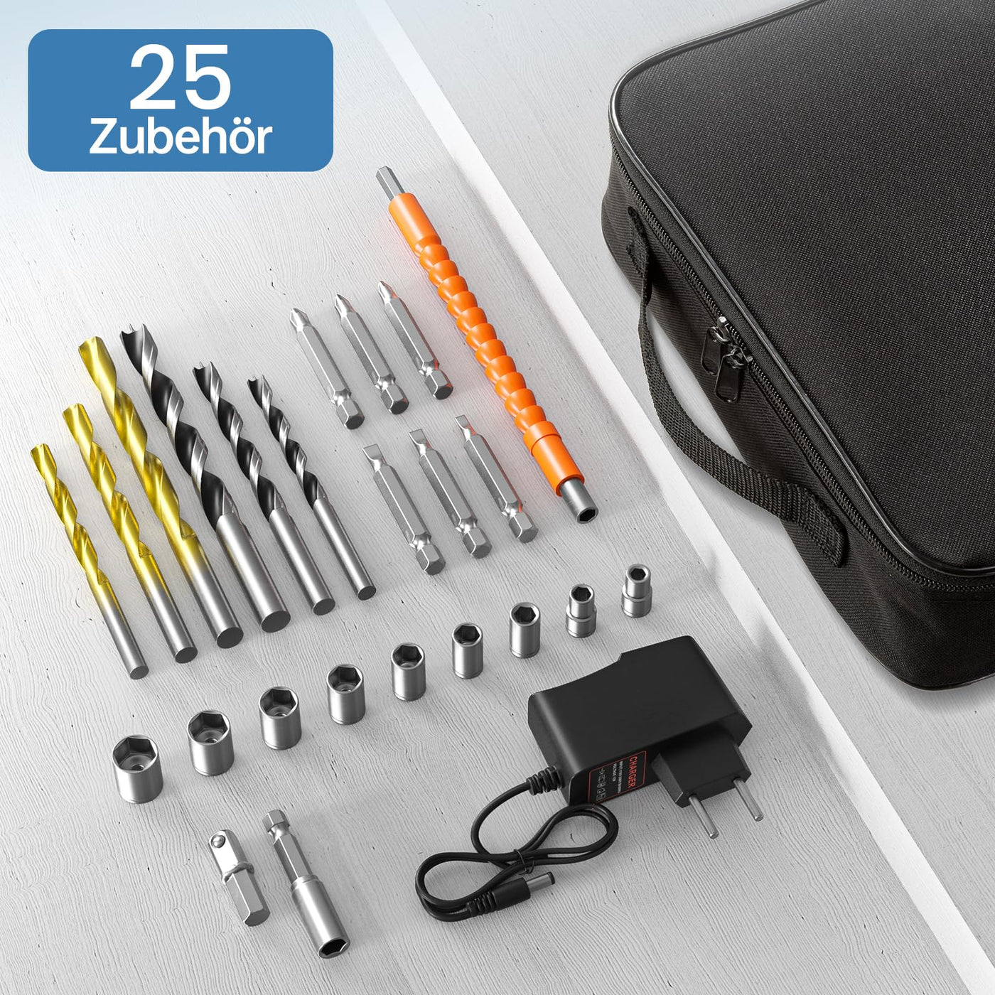 Akkuschrauber, 12V Akku Bohrschrauber Set, 25+1 Akkubohrer 25Nm Drehmoment Max mit 2000mAh Akku, 24tlg Zubehör und Tragetasche, 10mm Bohrfutter, 2-Gang, LED-Licht, Klein Akku Schrauber
