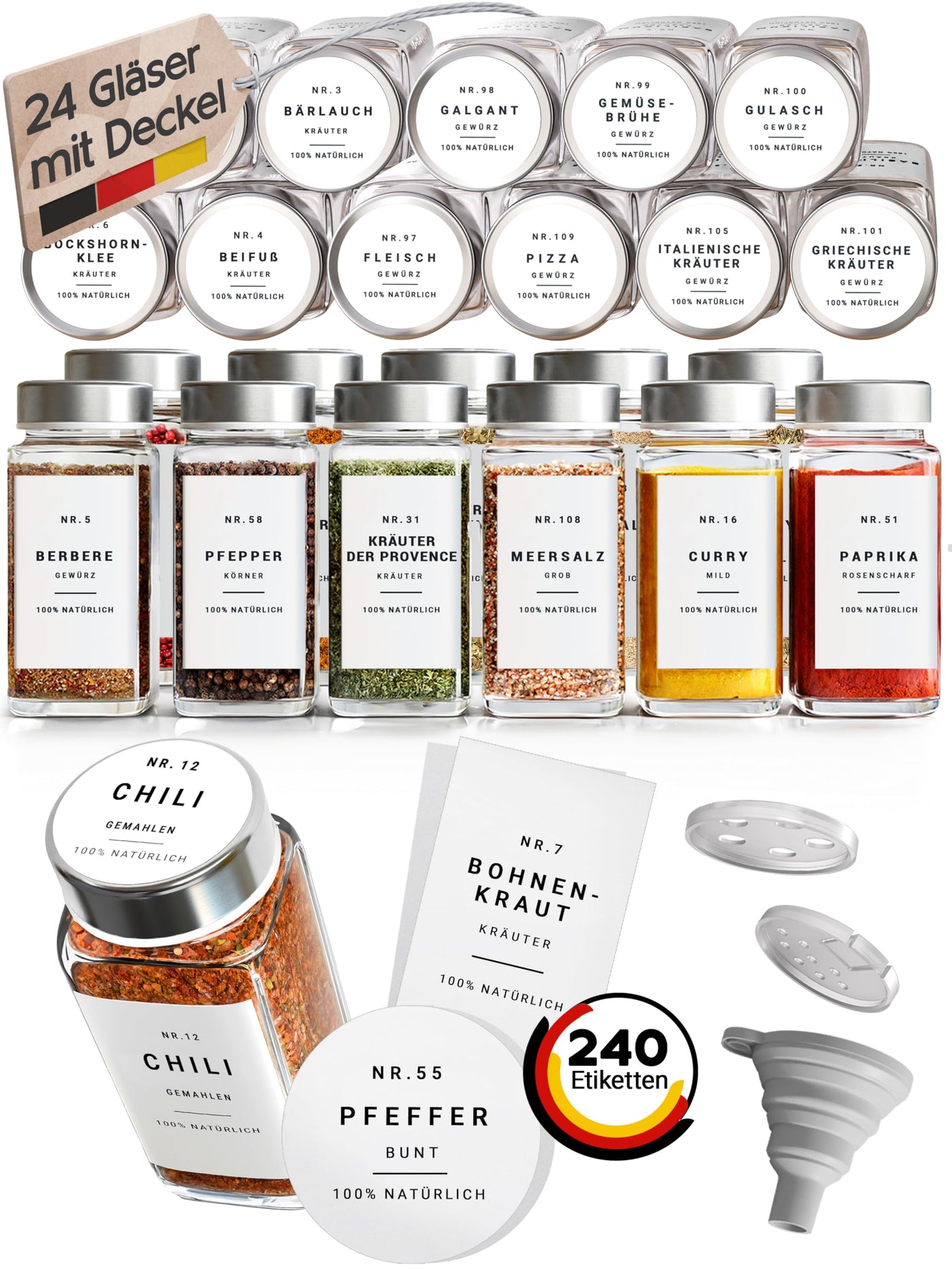 Homety Gewürzgläser Eckig - Set Edelstahl Deckel (24 Stück) - Gewürzbehälter 240 Etiketten - Gewürzdosen zur Gewürze aufbewahrung [120 ml] - Weiß