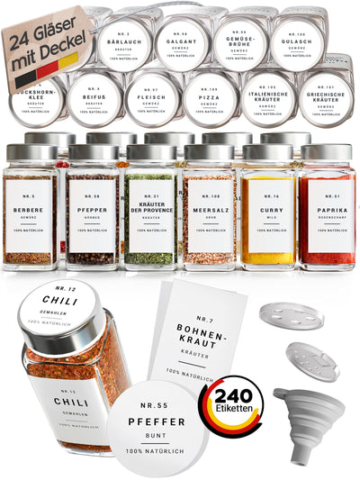 Homety Gewürzgläser Eckig - Set Edelstahl Deckel (24 Stück) - Gewürzbehälter 240 Etiketten - Gewürzdosen zur Gewürze aufbewahrung [120 ml] - Weiß