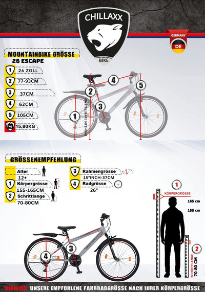 Chillaxx Bike Escape Premium Mountainbike in 24 und 26 Zoll Fahrrad für Mädchen Jungen Herren und Damen - 21 Gang Schaltung (26 Zoll, Schwarz-Blau V-Bremse)