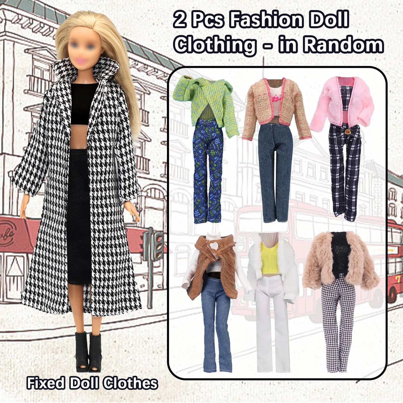 30 Kleidung Kompatibel mit Barbie Puppen, 1 Tausend Vogel Karo Mantel 2 Wintermäntel 4Oberteile 1Pullover 2 Röcke 3 Hosen 1 Hut 2 Brillen 4 Sneakers 10High Heels, für 11,5 Zoll Mädchen Puppen Zufällig