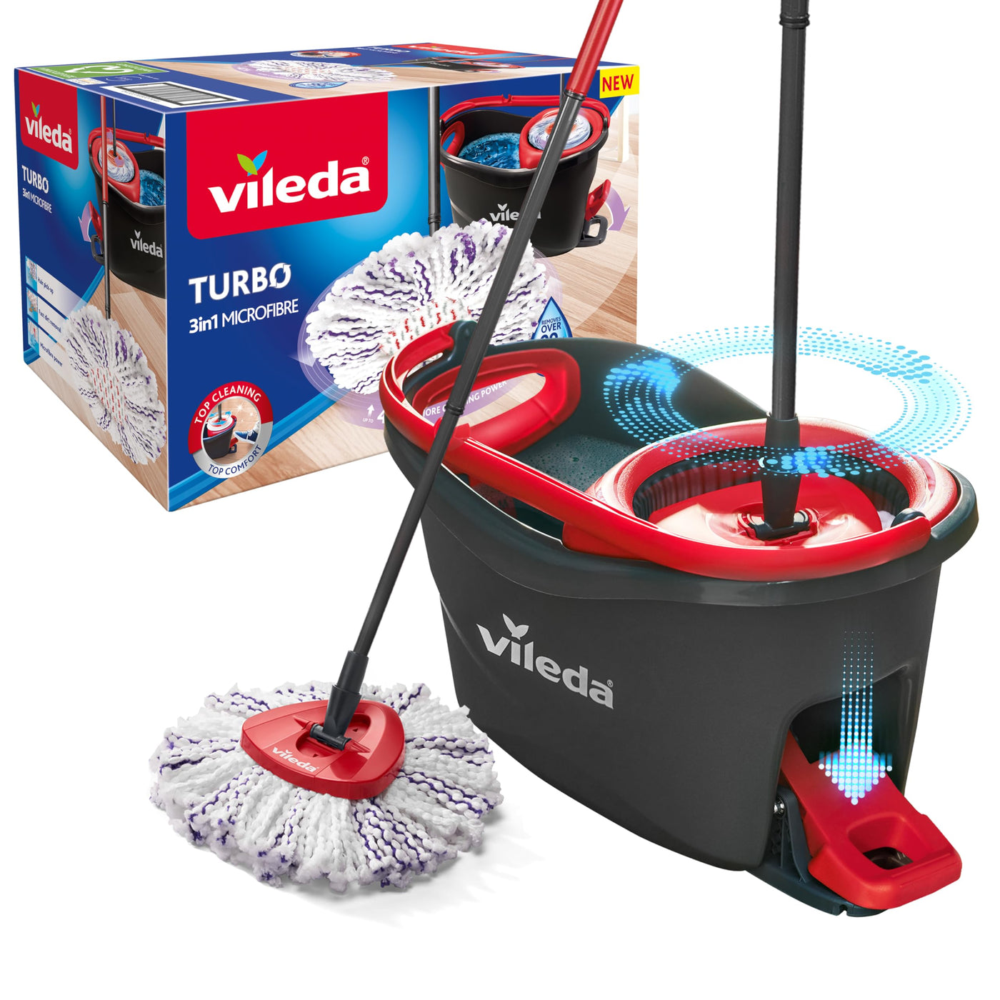 Vileda Turbo 3in1 Komplett Set, Wischmopp mit 3in1 Mikrofaser-Moppkopf, Eimer mit Schleuder, Teleskopstiel: 85 – 123 cm, entfernt 99% der Bakterien, nachhaltiges Wischsystem, Vileda Love it Clean