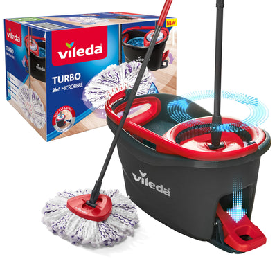 Vileda Turbo 3in1 Komplett Set, Wischmopp mit 3in1 Mikrofaser-Moppkopf, Eimer mit Schleuder, Teleskopstiel: 85 – 123 cm, entfernt 99% der Bakterien, nachhaltiges Wischsystem, Vileda Love it Clean